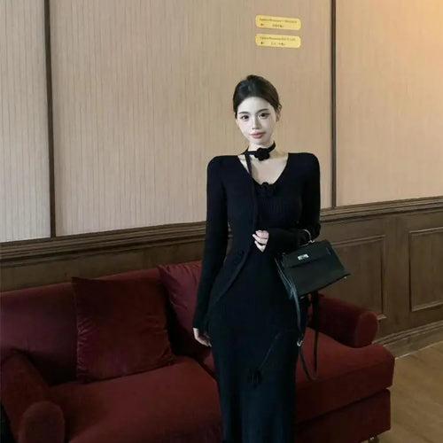 Load image into Gallery viewer, New Solid Flower Decorate V Neck Long Sleeve Knitted Dress Autumn Winter French Fashion Slim Long Sleeves Elegant Wrap Hip Dress

