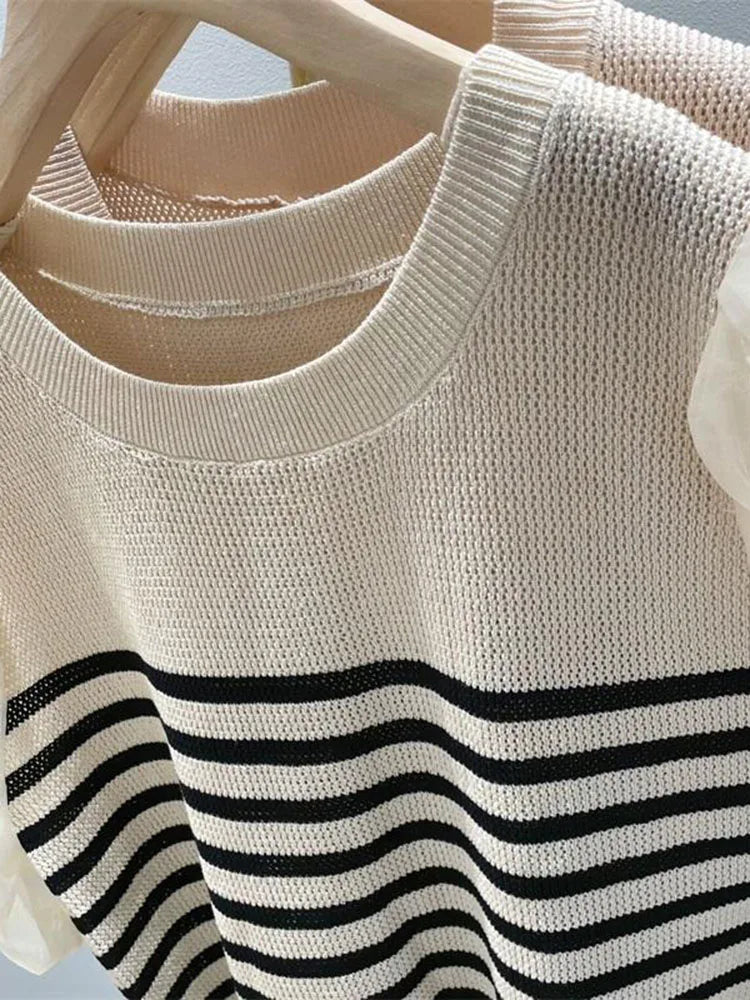 Lantern Short Sleeve Shirt For Women's Summer New Vintage Striped Blouse Tops Female B-085