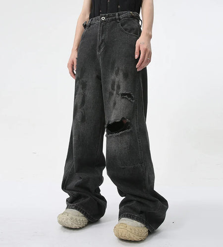 Summer Men's Denim Pants New Streetwear Distressed Dirty Printed Straight Leg Jeans Trendy Male Hole Design Trousers 9C5973