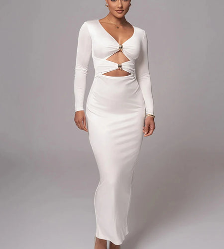 Hollow out long sleeve sexy maxi dress for women fashion solid V neck back split bodycon club long dress elegant