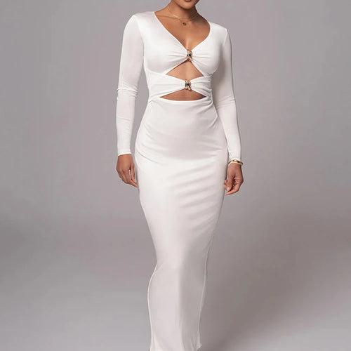 Load image into Gallery viewer, Hollow out long sleeve sexy maxi dress for women fashion solid V neck back split bodycon club long dress elegant

