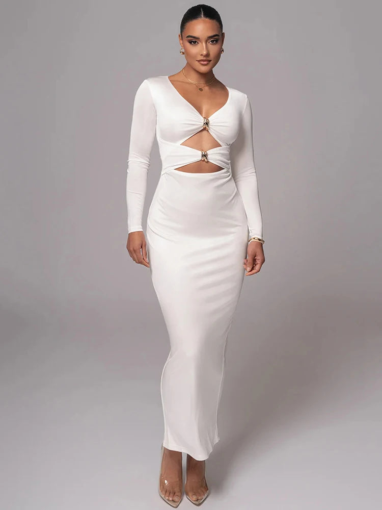Hollow out long sleeve sexy maxi dress for women fashion solid V neck back split bodycon club long dress elegant