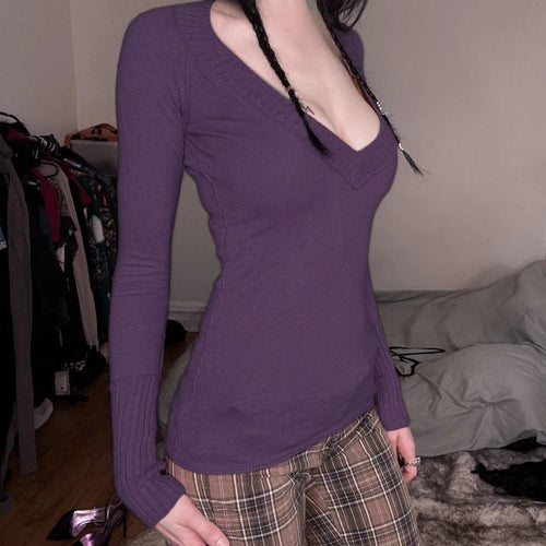 Load image into Gallery viewer, 2025 Harajuku Purple Knitted Autumn T-shirts Women Y2k Aesthetic Bodycon Grunge Tees Vintage A Deep V-Neck Sexy Fairy Tshirt
