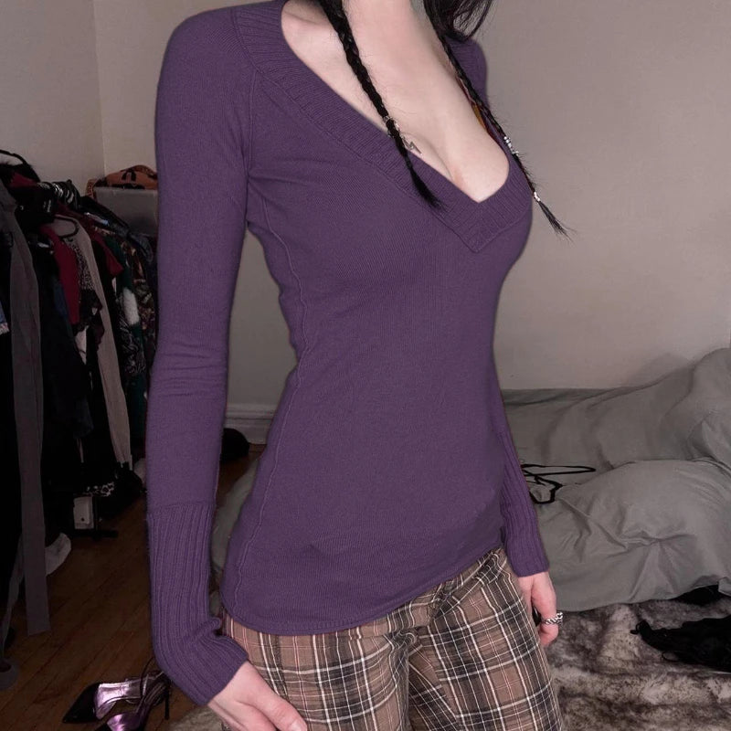 2025 Harajuku Purple Knitted Autumn T-shirts Women Y2k Aesthetic Bodycon Grunge Tees Vintage A Deep V-Neck Sexy Fairy Tshirt
