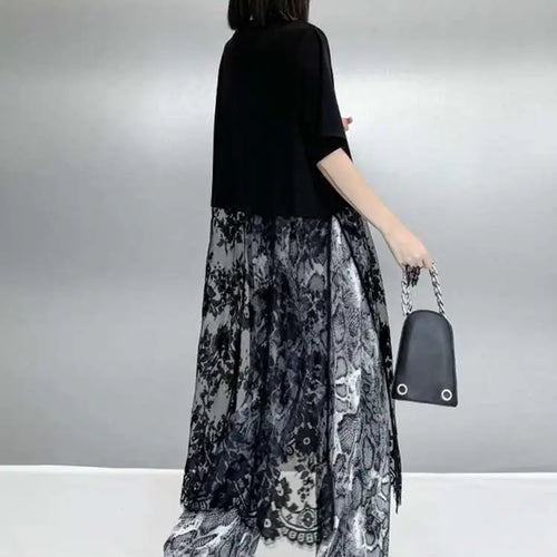 Load image into Gallery viewer, Women Black Hem Lace Perspective Big Size Midi Dress New Round Neck Short Sleeve Fashion Tide Spring Summer 2025 1DH6140
