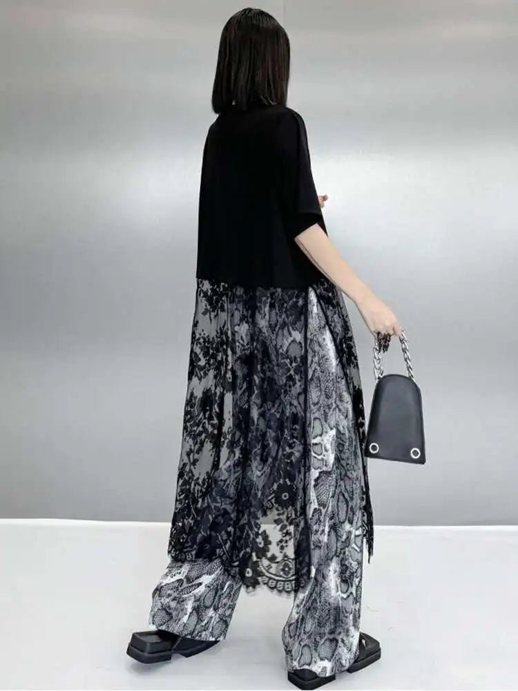 Women Black Hem Lace Perspective Big Size Midi Dress New Round Neck Short Sleeve Fashion Tide Spring Summer 2025 1DH6140
