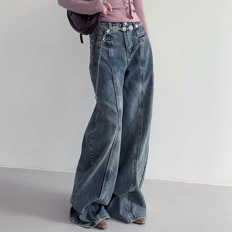 Streetwear Vintage Stitching Baggy Jeans for Women Harajuku Distressed Wide Leg Trousers Denim Basic Preppy Style New