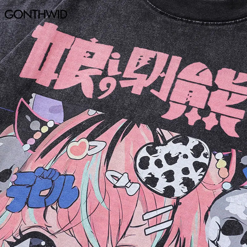 Vintage Black T-Shirt Harajuku Japanese Anime Cartoon Girl Skull Graphic Print Washed Tshirt 2024 Hip Hop Punk Loose Cotton Tops