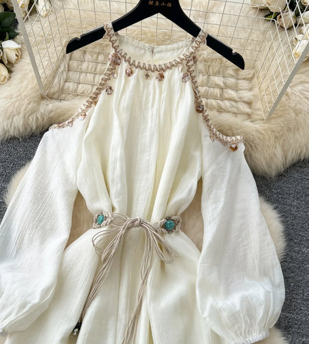 French Women Beige Elegant Long Sleeved Lace-up Pleated Dresses Spring High Waist Sexy Off Shoulder Vacation Party Dress Popular