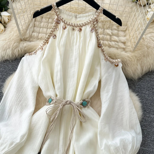 Load image into Gallery viewer, French Women Beige Elegant Long Sleeved Lace-up Pleated Dresses Spring High Waist Sexy Off Shoulder Vacation Party Dress Popular
