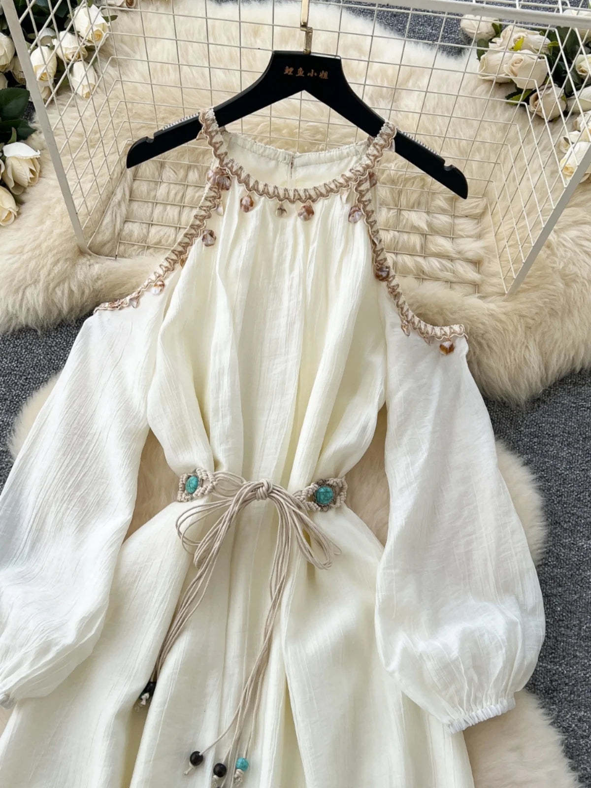 French Women Beige Elegant Long Sleeved Lace-up Pleated Dresses Spring High Waist Sexy Off Shoulder Vacation Party Dress Popular