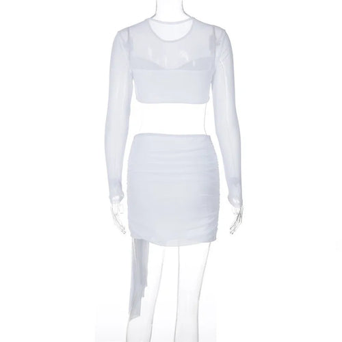 Load image into Gallery viewer, Sexy Skirt Two Piece Sets Women O Neck Long Sleeve T-shirt And Mini Draped Skirt Matching Sets Ladies Skinny Club Sets
