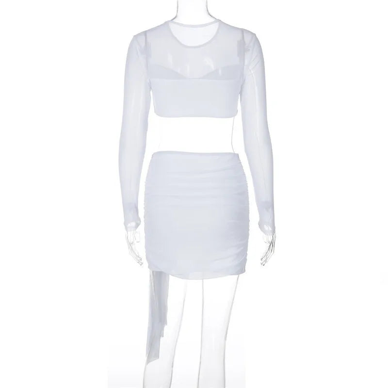 Sexy Skirt Two Piece Sets Women O Neck Long Sleeve T-shirt And Mini Draped Skirt Matching Sets Ladies Skinny Club Sets