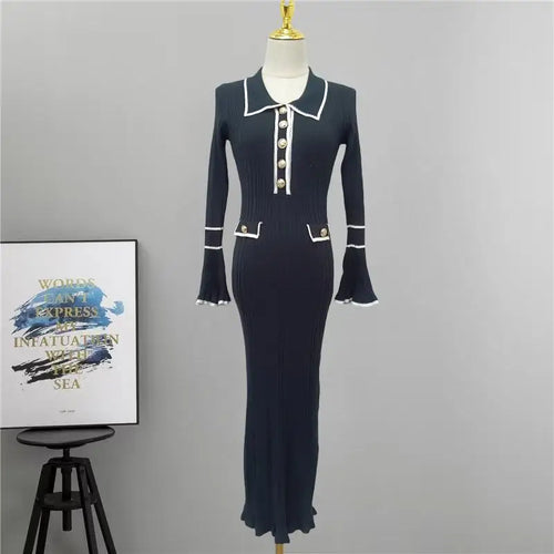 Load image into Gallery viewer, Autumn Winter Patchwork Single-breasted Casual Pullover Sweater Dress Elegant Office Women's Temperament Long Sleeve Knit Dress
