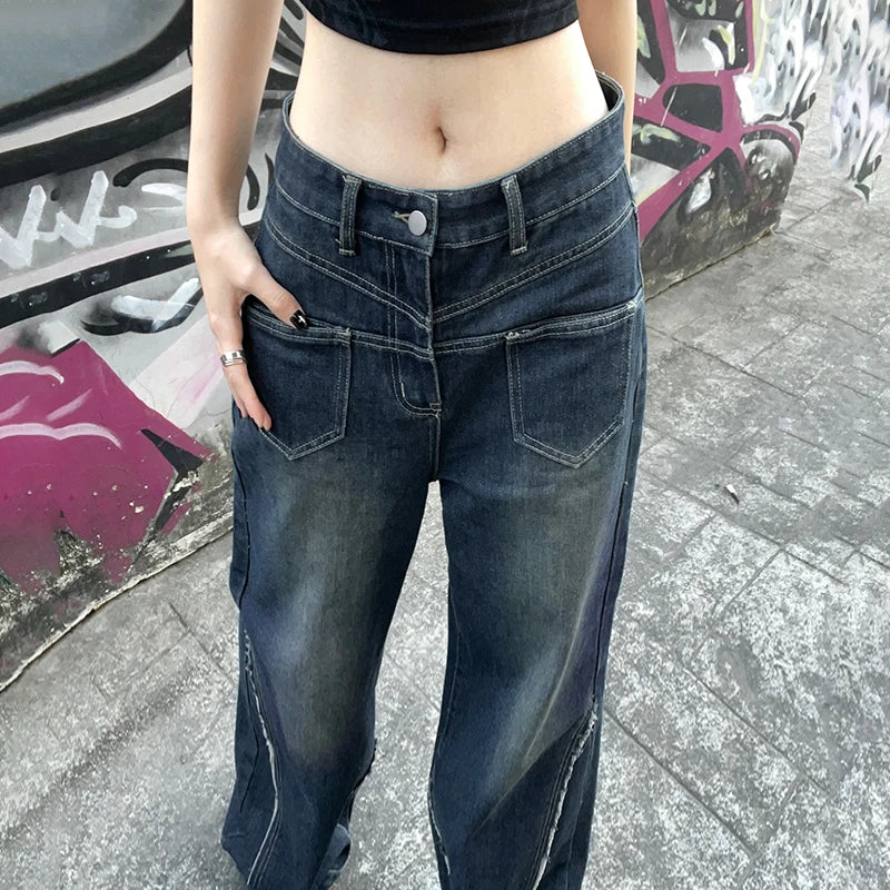 Korean Fashion Stitching Low Rise Baggy Pants Jeans Women Harajuku Distressed Denim Wide Leg Trousers Bottoms Outfits