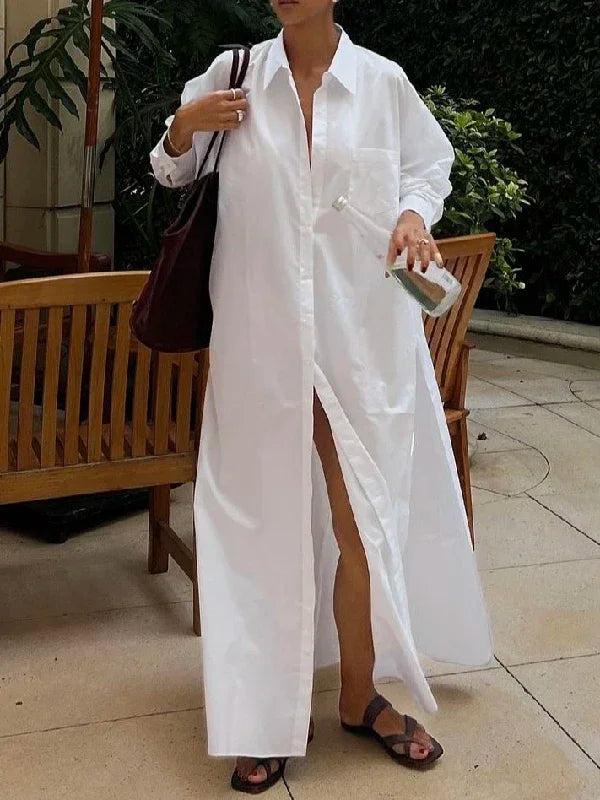 Maxi Dresses for Women 2025 Summer Going Out Clothing Split-side Woman Boyfriends Style  Buttoned Long Shirt Dress