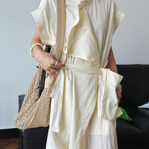 Load image into Gallery viewer, Women  Beige Ruffles Big Size Elelgant Long Dress New Stand Collar Short Sleeve Fashion Tide Spring Summer 2025 1DJ1406
