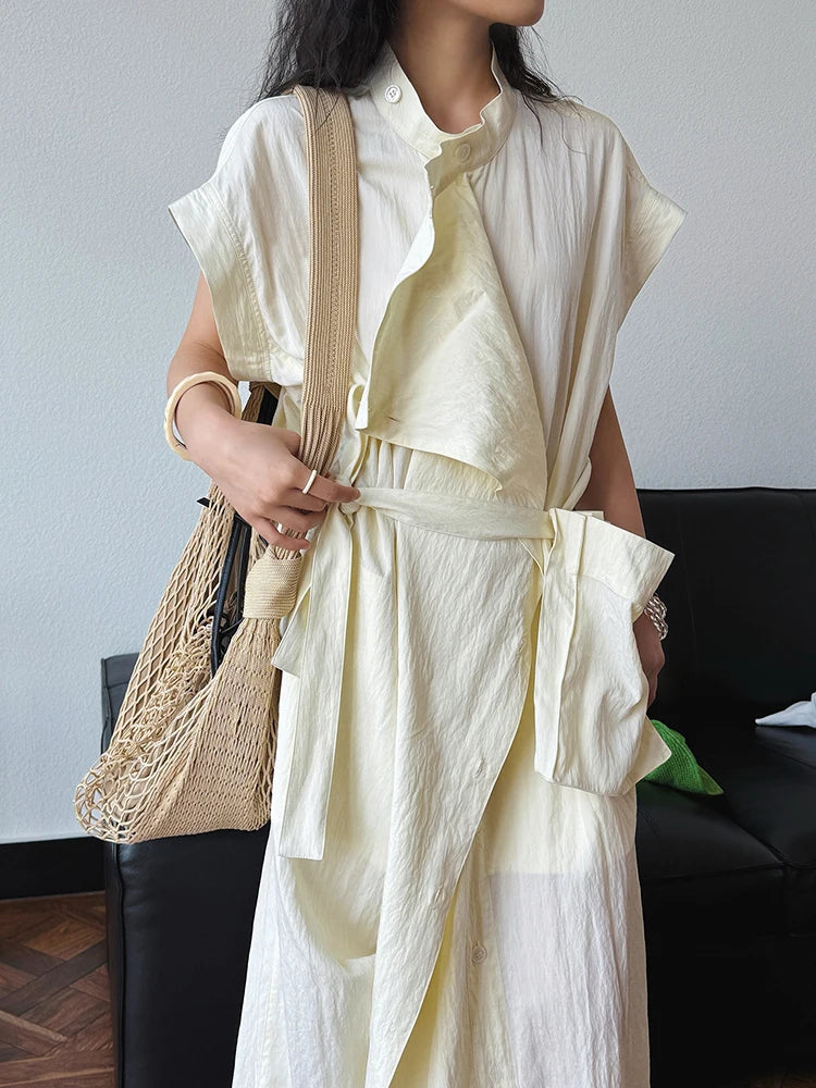 Women  Beige Ruffles Big Size Elelgant Long Dress New Stand Collar Short Sleeve Fashion Tide Spring Summer 2025 1DJ1406