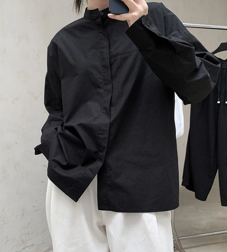 Women Black Brief Big Size Elegant Blouse New Stand Collar Long Sleeve Shirt Fashion Tide Spring Autumn 2025 1DH8347