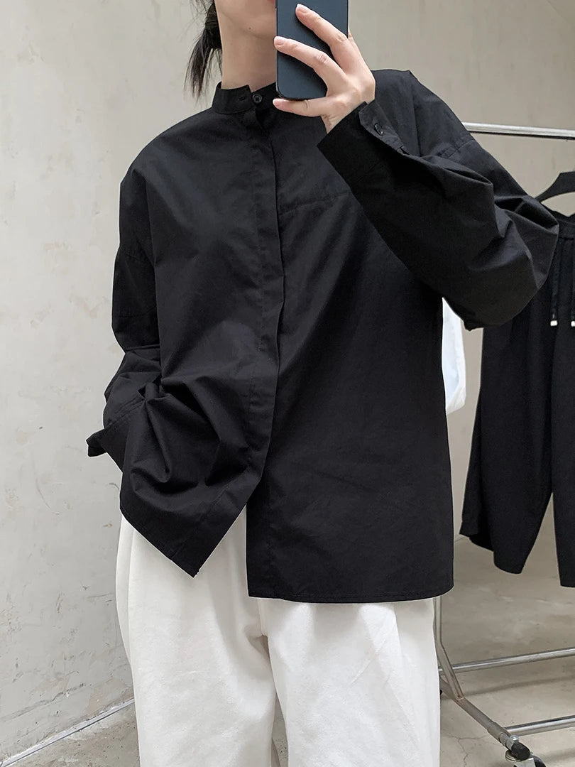 Women Black Brief Big Size Elegant Blouse New Stand Collar Long Sleeve Shirt Fashion Tide Spring Autumn 2025 1DH8347