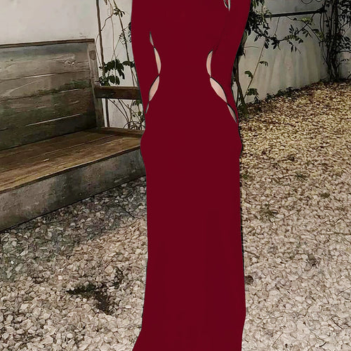 Load image into Gallery viewer, Autumn Elegant Black Long Sleeve Hollow Out Sexy Bodycon Maxi Dress Autumn Women Y2K Clothes Evening Party Birthday
