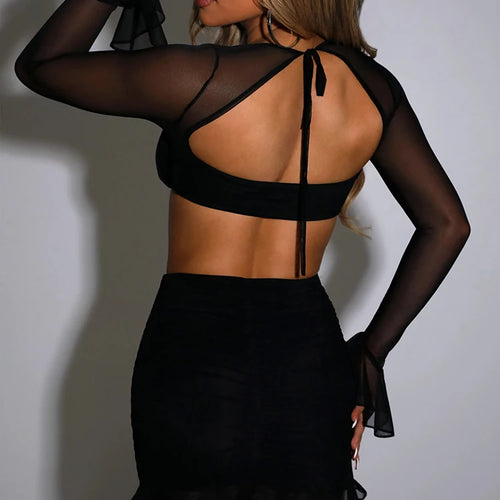 Load image into Gallery viewer, Sexy See Through Mesh Women Two Piece Sets Pink Long Sleeve Tops Mini Skirts Autumn Skinny Fashion Party Skirt Sets 2022
