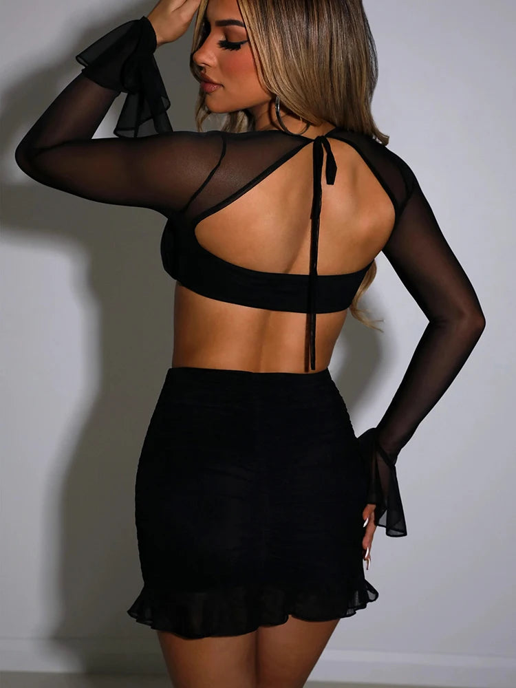 Sexy See Through Mesh Women Two Piece Sets Pink Long Sleeve Tops Mini Skirts Autumn Skinny Fashion Party Skirt Sets 2022