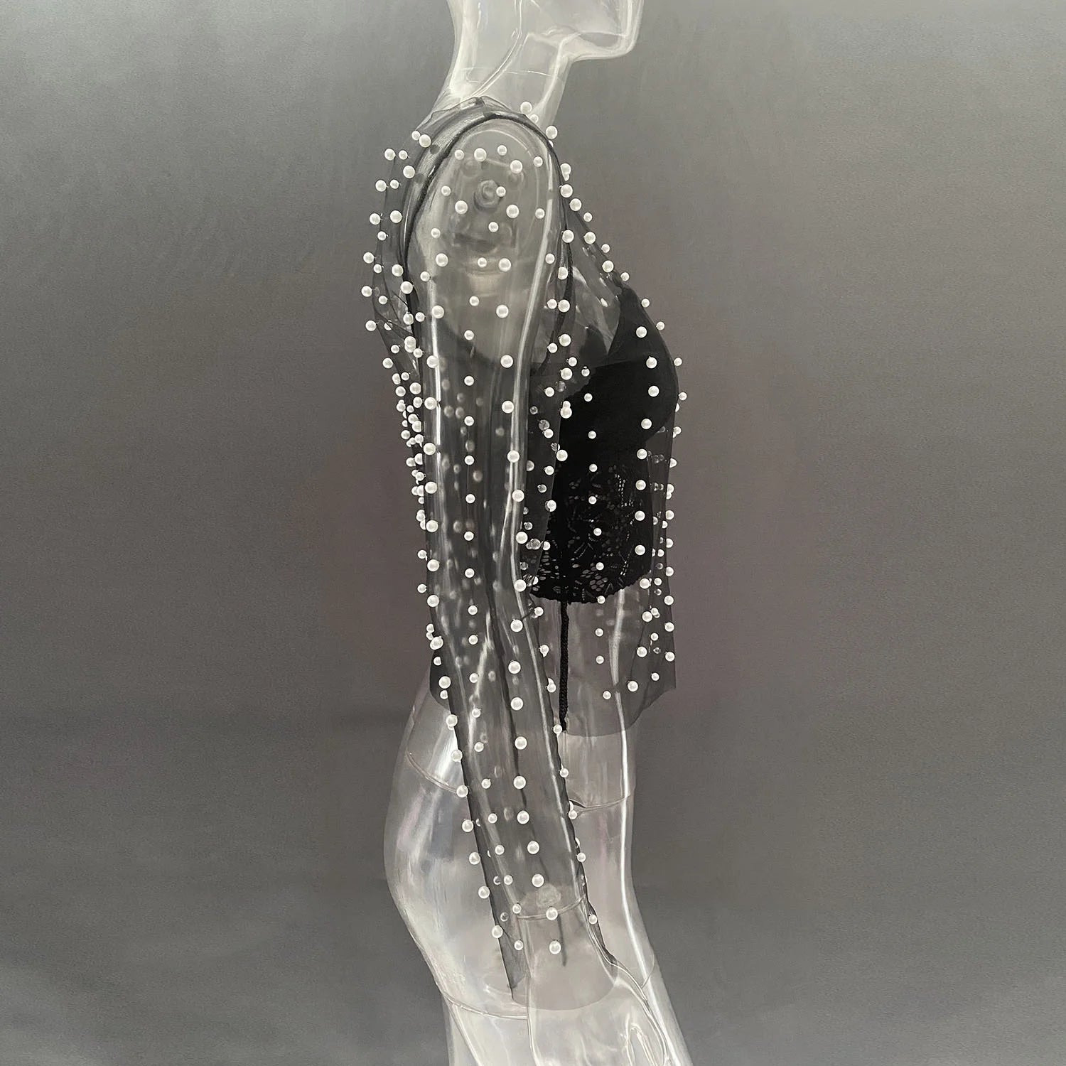 Pearl Mesh See Through T-shirt Women Fashion Long Sleeve Pullover Blouse Ladies Summer U Neck Sexy Tee Shirt Tops