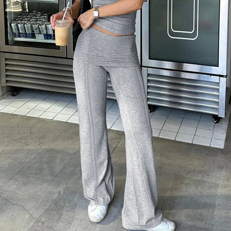 Casual Skinny Foldover Waist Women Trousers Plain Basic Sporty Streetwear Knitted Autumn Sweatpants Folds Capris New