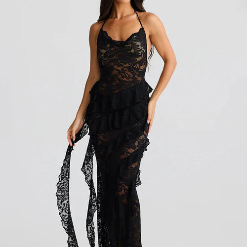 Load image into Gallery viewer, Lace Backless Sexy Maxi Dress Women Gown Halter Lace-up Sleeveless Bodycon Elegant Ruffle Beach Club Long Dress 2025
