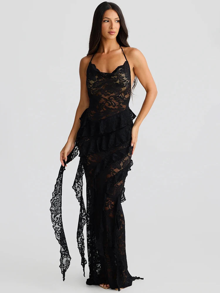 Lace Backless Sexy Maxi Dress Women Gown Halter Lace-up Sleeveless Bodycon Elegant Ruffle Beach Club Long Dress 2025