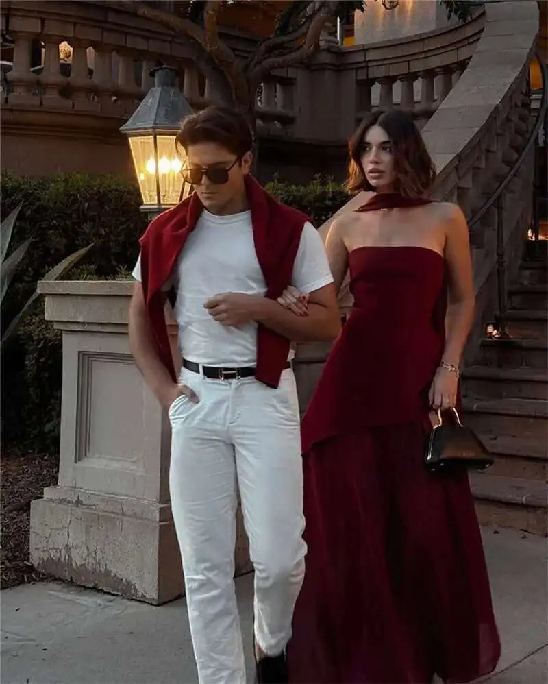 Elegant Strapless Sexy Maxi Dress For Women Gown With Scarf Off-shoulder Sleeveless Backless Split Beach Long Dress