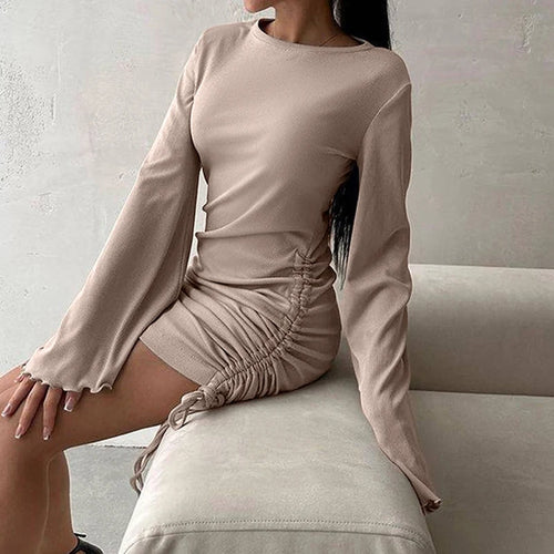 Load image into Gallery viewer, Fashion Elegant Flare Sleeve Autumn Dress Mini Slim Drawstring Fold Casual Dresses Solid Frill Korean Ladies Clothing
