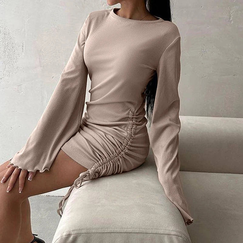 Fashion Elegant Flare Sleeve Autumn Dress Mini Slim Drawstring Fold Casual Dresses Solid Frill Korean Ladies Clothing