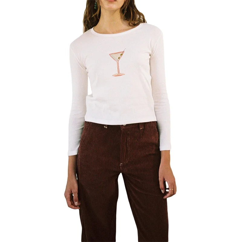 y2k Crop Top 2000s Women Graphic Cherry/Cake Print Round Neck Long Sleeve T Shirt Aesthetic Clothing White Streetwear