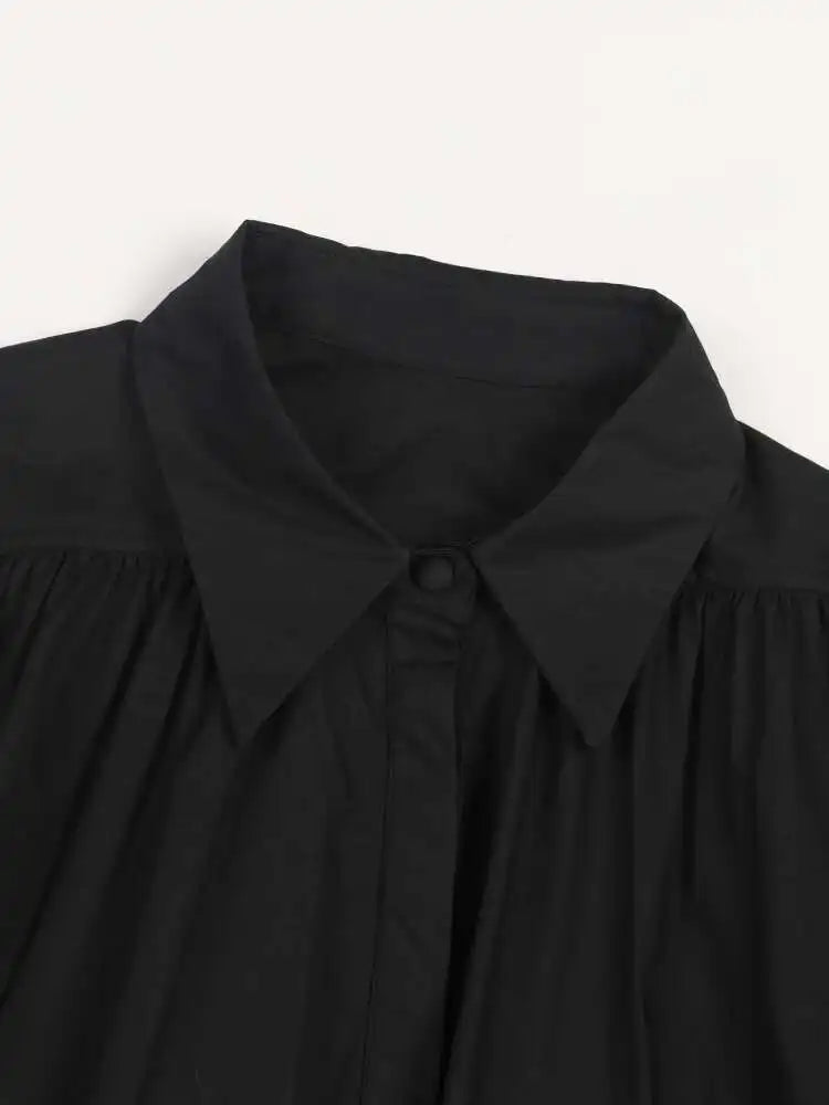 Women Black Pleated Elegant Mini Shirt Dress New Lapel Long Sleeve Loose Fit Fashion Tide Spring Autumn 2025 1DE365901
