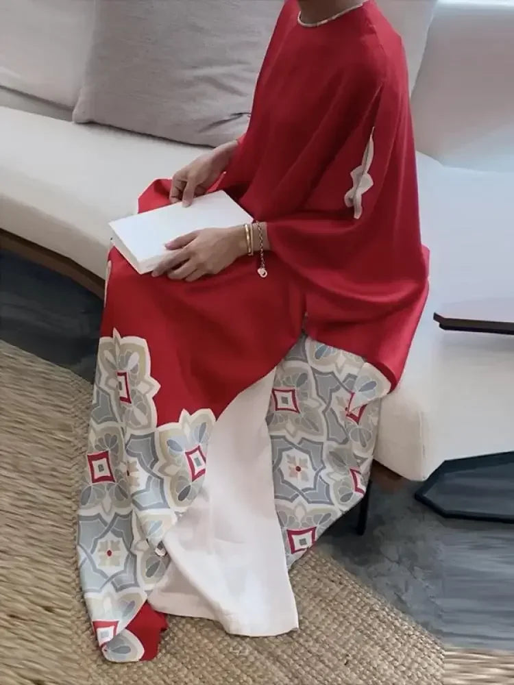 Spring Summer Printed Evening Party Dresses Vintage Elegant Long Sleeves Loose Muslim Robe Dress for Women
