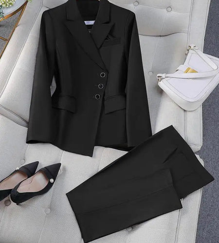 Trend 2024 Spring Autumn New Solid Elegant Irregular Blazer Coat And High Waist Wide Leg Pant Two Piece Set Women Office Outfits