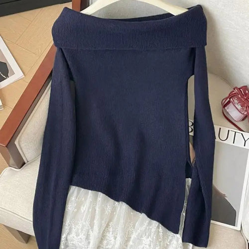 Load image into Gallery viewer, French Autumn Winter Patchwork Lace Elegant Pullover Short Sweater Women's Vintage 2024 New Office Lady Long Sleeved Knitted Top
