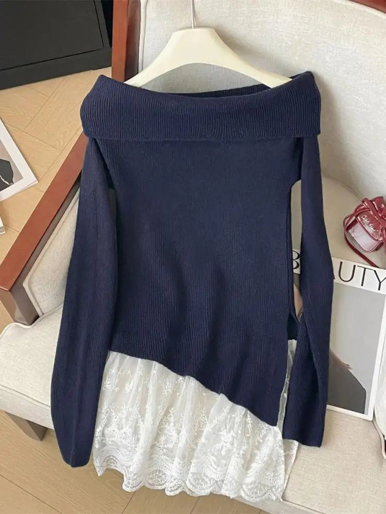 French Autumn Winter Patchwork Lace Elegant Pullover Short Sweater Women's Vintage 2024 New Office Lady Long Sleeved Knitted Top