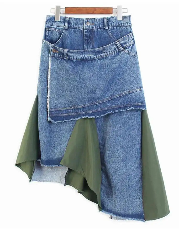 High Elastic Waist Black Denim Color-block Irregular Half-body Skirt Women Fashion Tide New Spring Autumn 2025 1DJ0125