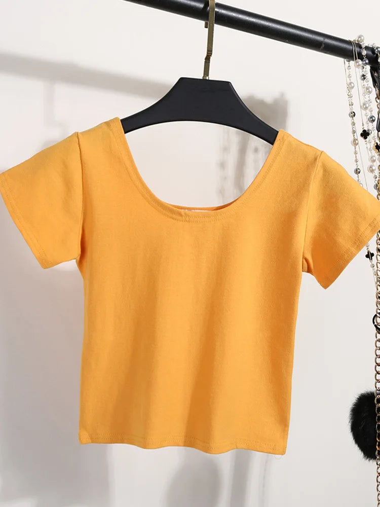 Solid Crop Top for Women Slim Fit High Waist Short Sleeve T-shirt Basic Summer Casual Tee