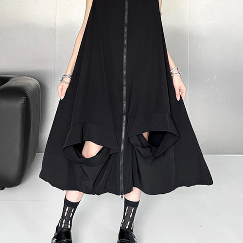 Load image into Gallery viewer, Women Black Zipper Hollow Out Big Size A-line Vest Dress New V-Neck Sleeveless Fashion Tide Spring Summer 2025 1DJ1410
