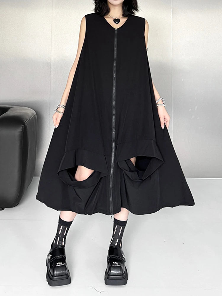 Women Black Zipper Hollow Out Big Size A-line Vest Dress New V-Neck Sleeveless Fashion Tide Spring Summer 2025 1DJ1410