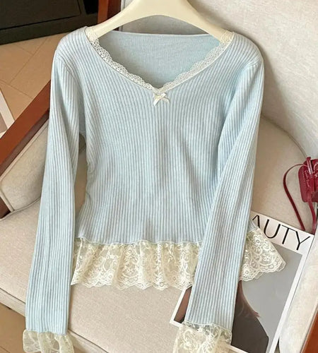 Korean Autumn Winter Sweet Patchwork Elegant Pullover Short Sweater Women's 2024 New V Neck Long Sleeved Knitted Tops Streetwear