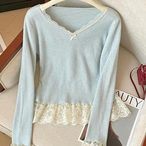 Load image into Gallery viewer, Korean Autumn Winter Sweet Patchwork Elegant Pullover Short Sweater Women's 2024 New V Neck Long Sleeved Knitted Tops Streetwear
