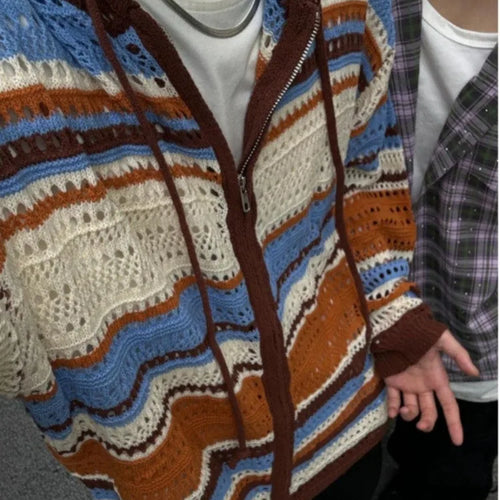 Load image into Gallery viewer, Y2k Aesthetic Vintage Thin Knitted Hooded Cardigan  Autumn Oversize Loose Stripe Women Sweater Zipper Harajuku Cardigans Femme
