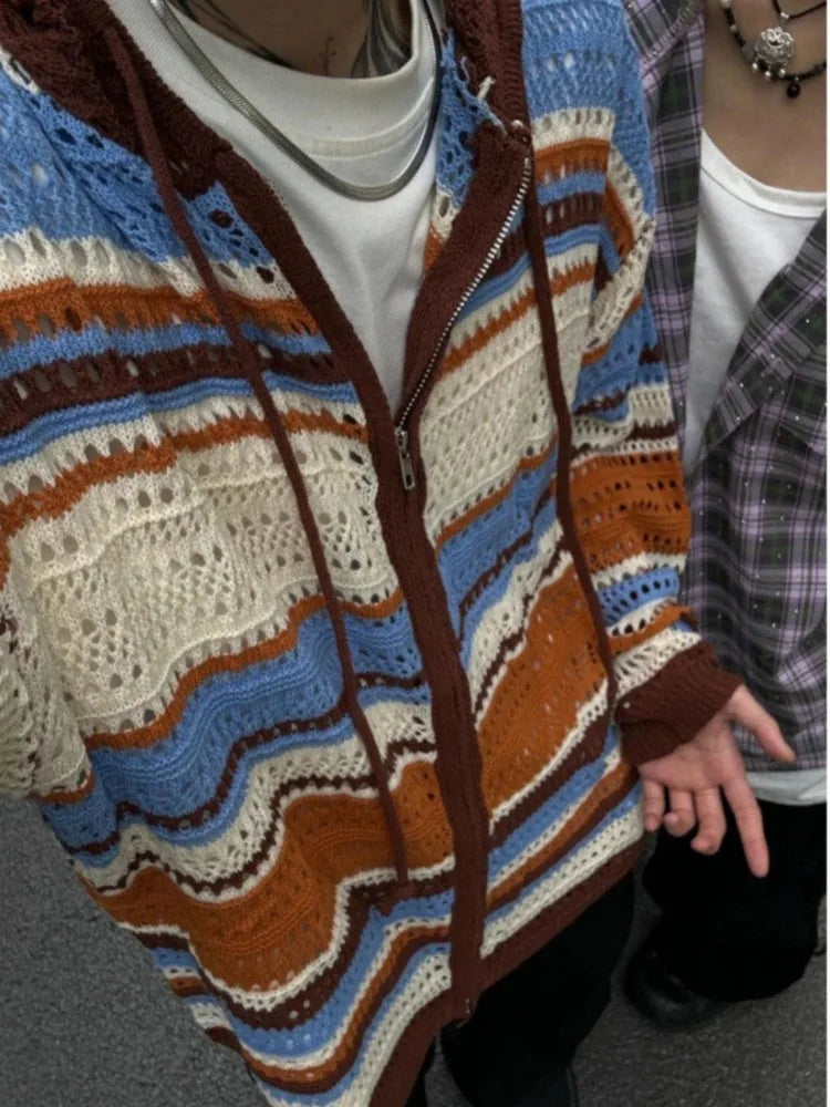 Y2k Aesthetic Vintage Thin Knitted Hooded Cardigan  Autumn Oversize Loose Stripe Women Sweater Zipper Harajuku Cardigans Femme
