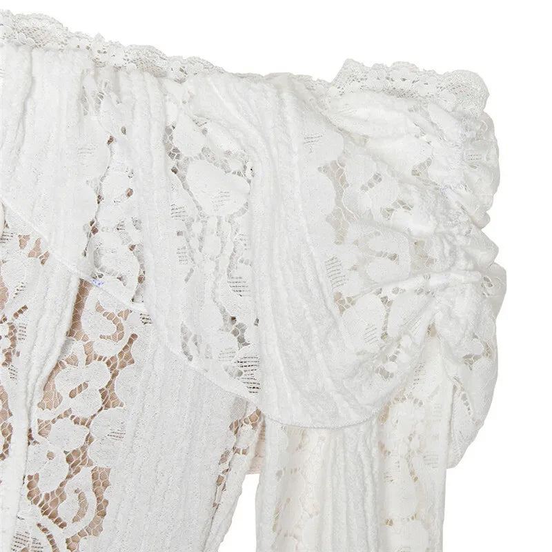 Off-shoulder Lace Sexy Mini Dress For Women White Strapless Long Sleeve Backless Bodycon Club Party Sexy Dress Elegant