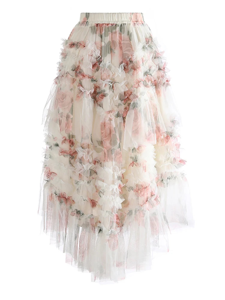 High Elastic Waist Apricot Mesh Irregular Ball Gown Half-body Skirt Women Fashion Tide New Spring Autumn 2025 1DJ1274